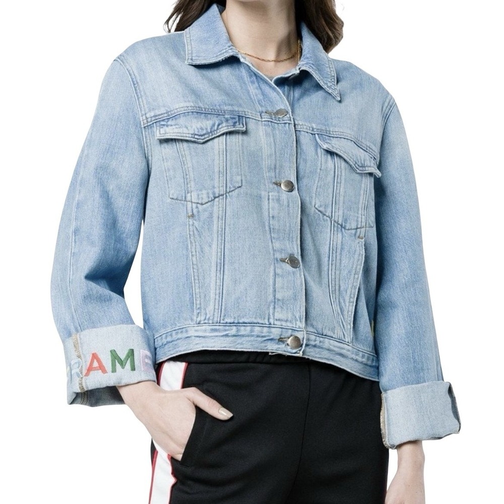 Frame Embroidered Cuffed Jean Jacket Denim Rydell Ave Logo Light Womens Sz Large